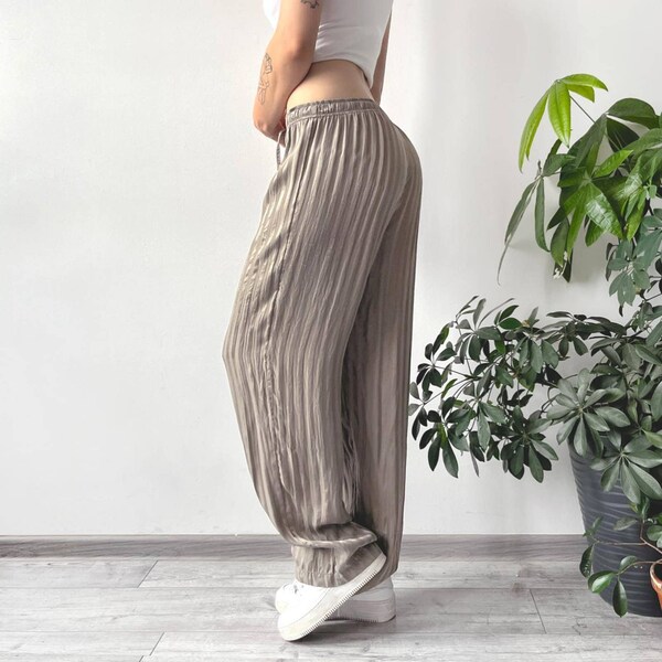 Vintage Patent Light Earth Tone Neutral Striped Silk Loose Fit Baggy Summer Pants Size M