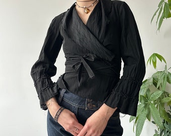 Vintage Y2K 00's 2000's Classic Black Tie Up Wrap Front Blouse | Archive Office Siren | Size XS