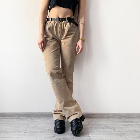 Vintage Womens Leather Pants High waist Brown Beige Trousers Boho Large L 40 Suede Rocker High Waisted