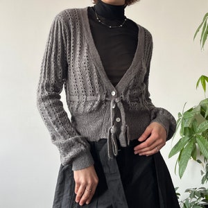 Vintage Y2K 2000's 00's Classic Gray Wool Patterned Button Up Front Tie Light Knit Cardigan Jumper Size L image 1