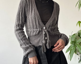 Vintage Y2K 2000's 00's Classic Gray Wool Patterned Button Up Front Tie Light Knit Cardigan Jumper Size L