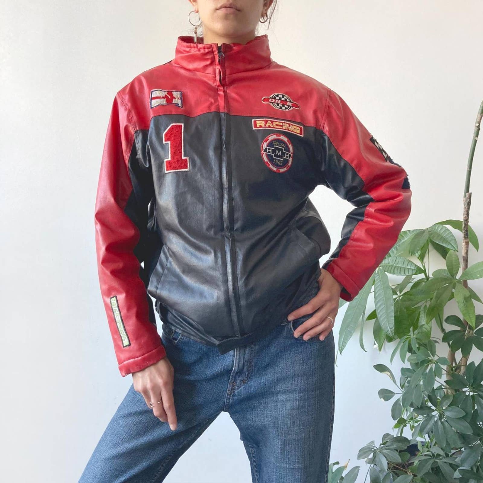 Vintage Y2K 00er 2000er Rot & Schwarz PVC Kunstleder Motorrad Moto