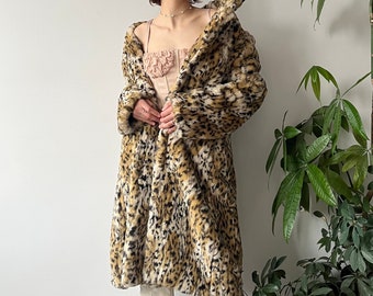 Vintage Y2K 00's 2000's Leopard Pattern Brown Button up Collared Maxi Longline Faux Fur Coat Jacket Size L/XL