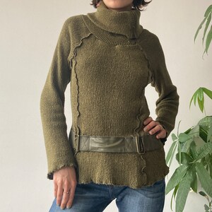 Vintage 00's 2000's Khaki Chunky Ruffled Buckled Turtleneck Asymmetrical Zip Knit Sweater Archive Cyber Fairy Style Size L image 3
