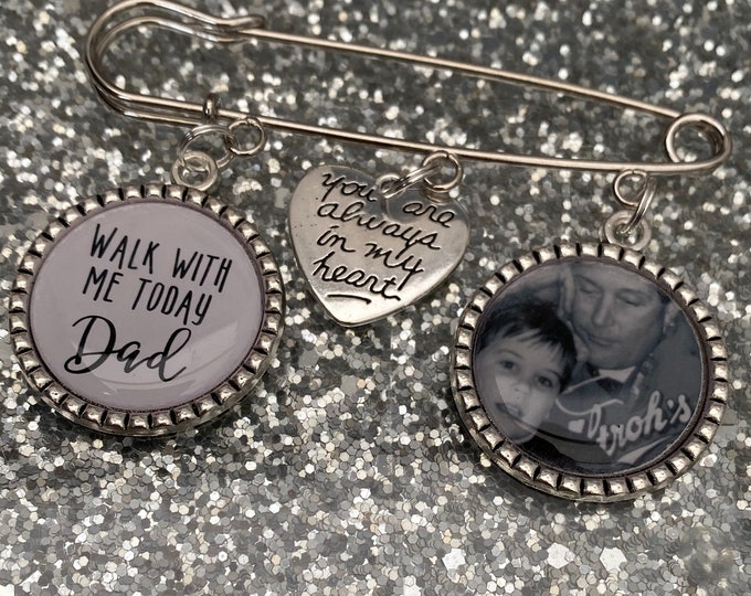 Memory remembrance photo charm kilt pin bouquet charm,wedding groom best man usher,personalized personalised any photo walk with me today