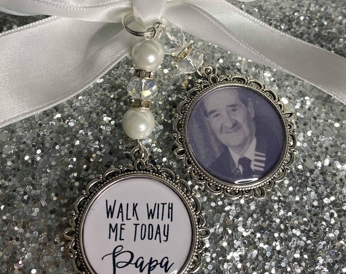 Walk with me today papa/loving memory charm/locket/brooch/Personalised with any photo & name/wedding/bride/memorial/keepsake
