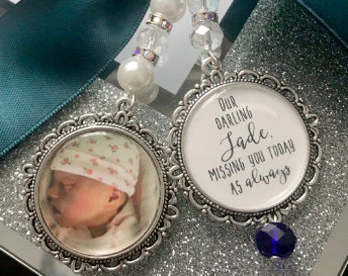 Loving Memory Photo Charm/Brooch/Personalised With Any Name/Wedding/Bride/Memorial Keepsake/Still Born/Baby/Child/Missing You/Miscarriage/