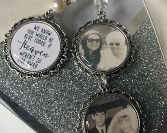 Memory memorial heaven charm bridal bouquet heaven so far away, poem & any photo pearl beads something old. blue.military army.wedding.bride