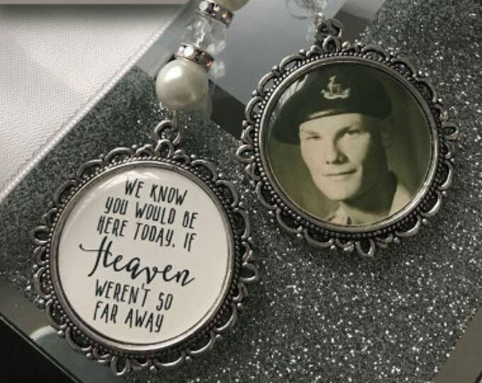 Memory memorial remembrance heaven charm bridal bouquet heaven so far away,poem & photo pearl beads something blue. military army,keepsake