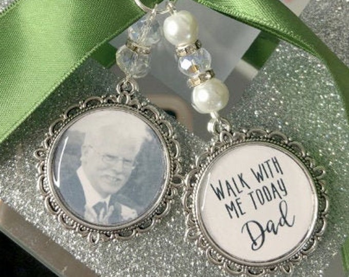 Memory memorial heaven charm bridal bouquet, walk with me today dad mum poem & photo pearl beads something blue. military army.bride.wedding