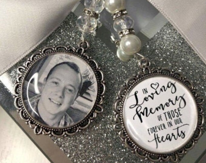 In loving memory of those forever in our hearts, bouquet memory memorial charm photo & poem with Swarovski crystal beads and ribbon bow