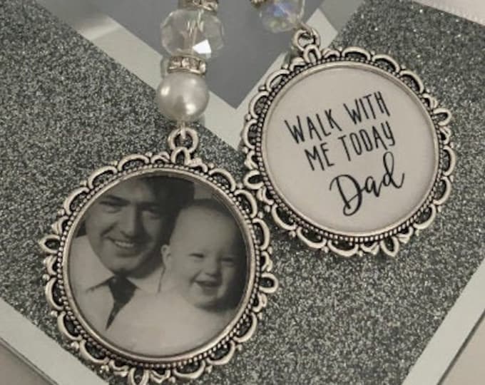 Memory memorial heaven charm bridal bouquet, walk with me today dad mum poem & photo pearl beads something blue. military army.bride.wedding