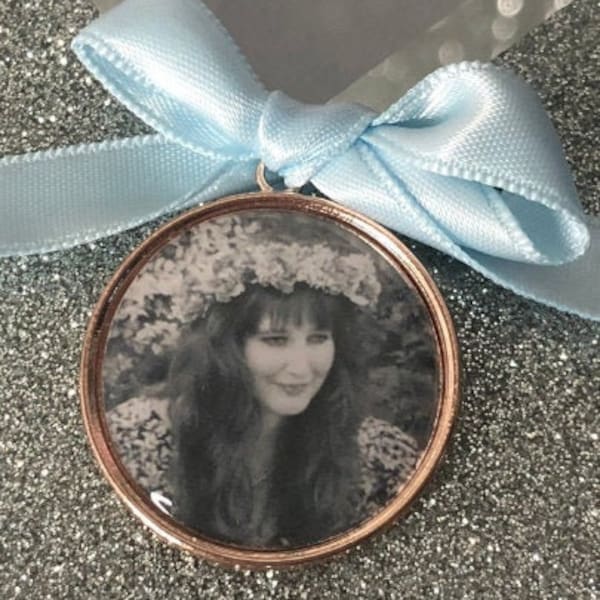 rose gold memory charm for bridal bouquet, remembrance ,locket,brooch personalised,any photo.keepsake with ribbon.Wedding flower Bride Ideas