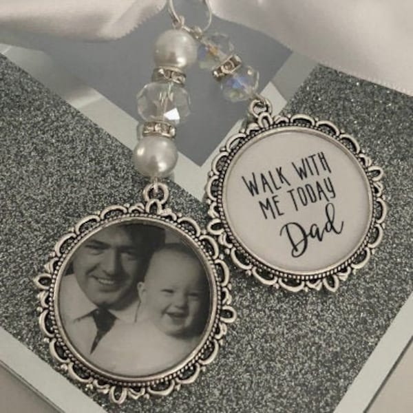 Memory memorial heaven wedding photo charm bridal bouquet, walk with me mom dad mum quote & photo something blue.bride gift for her him