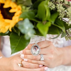 Memory remembrance bouquet charm, locket, brooch personalised with any photo. Oval shape keepsake with ribbon. Wedding flower Bride Ideas