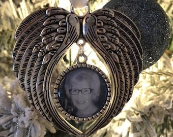 Christmas Memorial Ornament, Personalised Photo Ornament, Silver Angel Wings Bauble, Xmas Tree Decoration