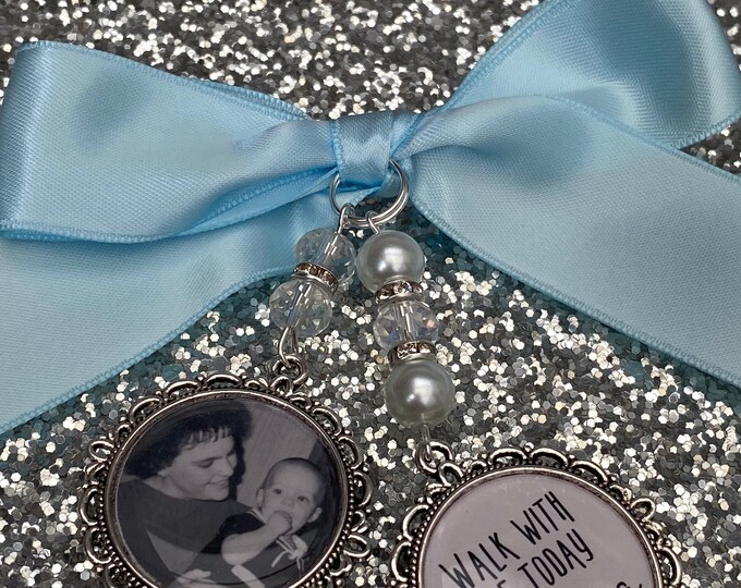 Memory memorial heaven charm bridal bouquet, walk with me today dad mum poem & photo pearl beads something blue.Swarovski.bride.wedding