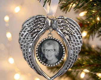 Christmas Memorial Ornament, Personalised Photo Ornament, Silver Angel Wings Bauble, Xmas Tree Decoration