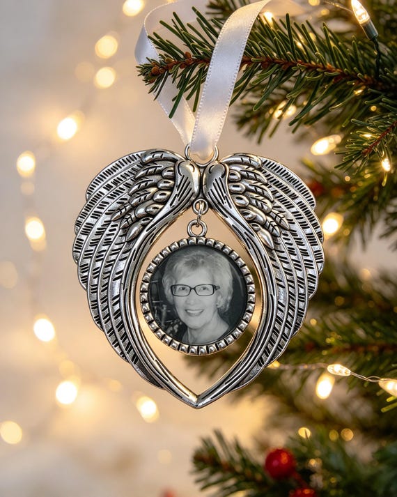 Christmas Memorial Ornament, Personalised Photo Ornament, Silver Angel Wings Bauble, Xmas Tree Decoration