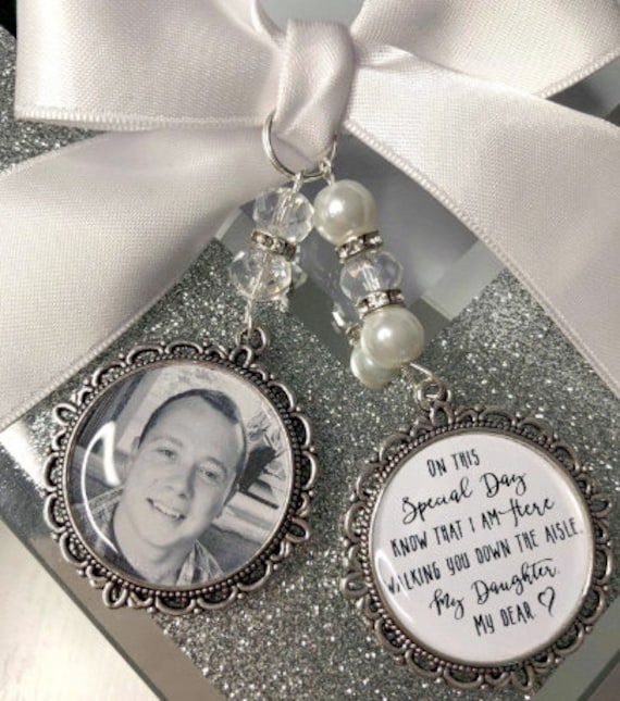 on this special day know that i am here walking you down the aisle,  bouquet memory memorial charm photo & poem with Swarovski crystal beads