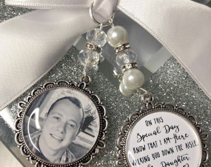 wedding photo charm on this special day.walking you down the aisle,bouquet memory memorial charm photo & poem gift for her bride groom him