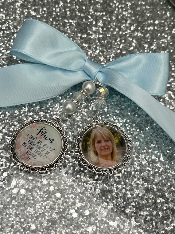 Memory memorial heaven charm bridal bouquet, walk with me today dad mum poem & photo pearl beads something blue.Swarovski.bride.wedding