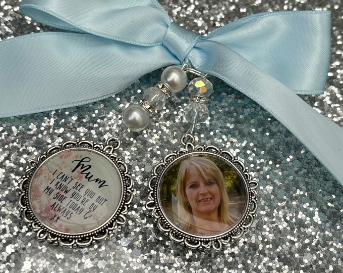 Memory memorial heaven charm bridal bouquet, walk with me today dad mum poem & photo pearl beads something blue.Swarovski.bride.wedding
