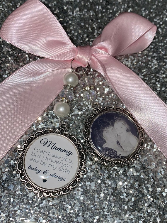 Memory memorial heaven charm bridal bouquet, walk with me today nan nanny nana pops poem & photo pearl beads something blue. bride.wedding