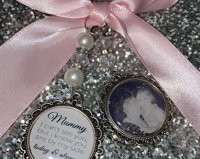 Memory memorial heaven charm bridal bouquet, walk with me today nan nanny nana pops poem & photo pearl beads something blue. bride.wedding