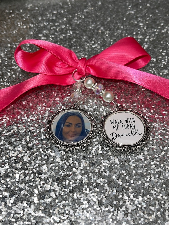 Memory memorial heaven charm bridal bouquet, walk with me today dad mum poem & photo pearl beads something blue.Swarovski.bride.wedding