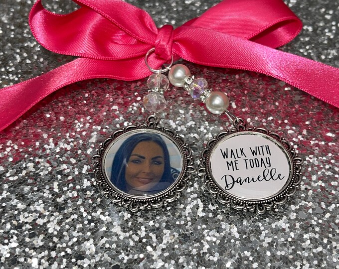 Memory memorial heaven charm bridal bouquet, walk with me today dad mum poem & photo pearl beads something blue.Swarovski.bride.wedding