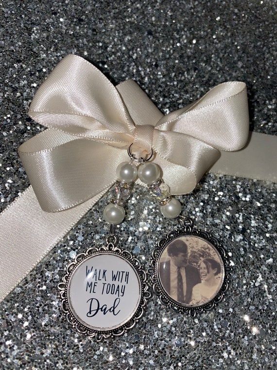Memory memorial heaven charm bridal bouquet, walk with me today dad mum mom papa poem & photo pearl beads something blue.Swarovski.bride.