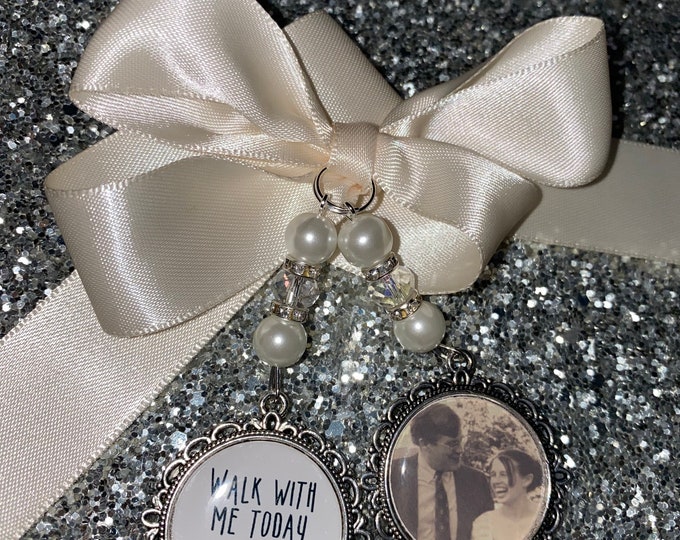 Memory memorial heaven charm bridal bouquet, walk with me today dad mum mom papa poem & photo pearl beads something blue.Swarovski.bride.
