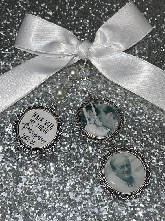 Memory memorial heaven charm bridal bouquet, walk with me today dad mum poem & photo pearl beads something blue.Swarovski.bride.wedding