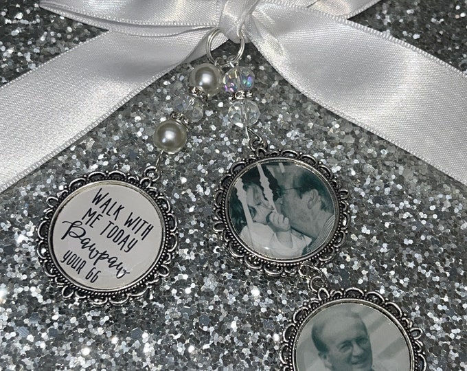 Memory memorial heaven charm bridal bouquet, walk with me today dad mum poem & photo pearl beads something blue.Swarovski.bride.wedding