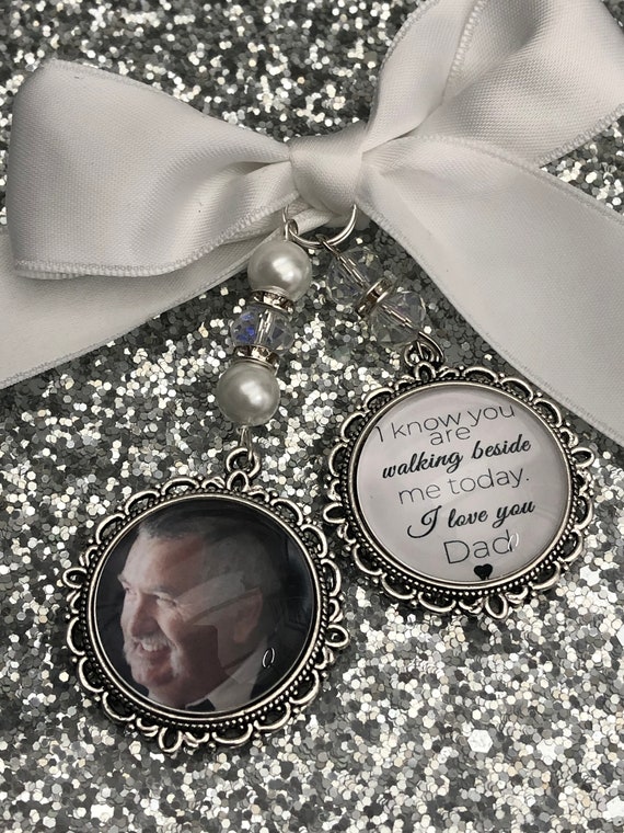 Memory memorial heaven charm bridal bouquet, walk with me today dad mum poem & photo pearl beads something blue. military army.bride.wedding