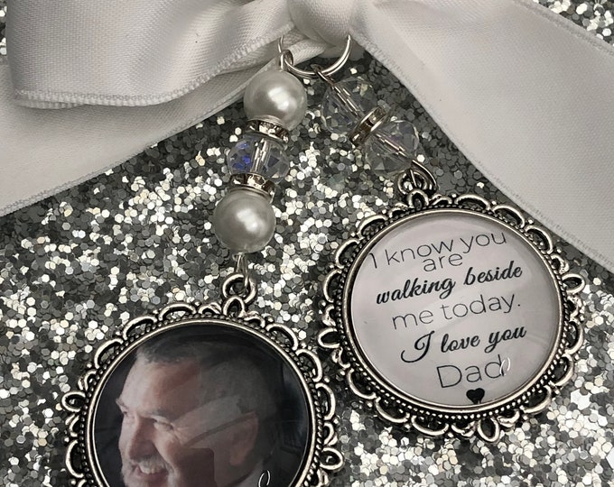 Memory memorial heaven charm bridal bouquet, walk with me today dad mum poem & photo pearl beads something blue. military army.bride.wedding