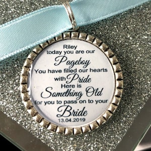 Page boy keepsake something old for his bride to be something blue beautiful keep sake blue ribbon pendant wedding charm usher groomsman