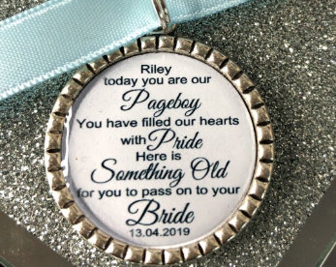 Page boy keepsake something old for his bride to be something blue beautiful keep sake blue ribbon pendant wedding charm usher groomsman