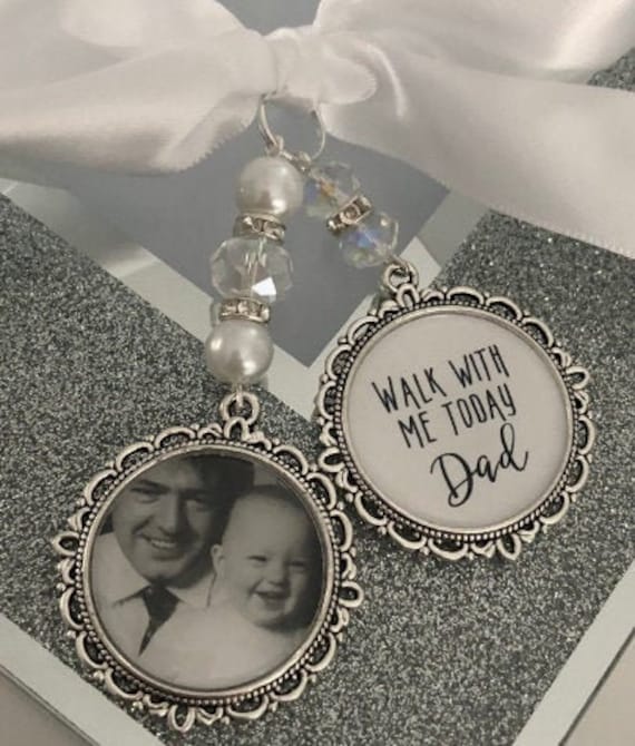 Memory memorial heaven charm bridal bouquet, walk with me today dad mum poem & photo pearl beads something blue. military army.bride.wedding