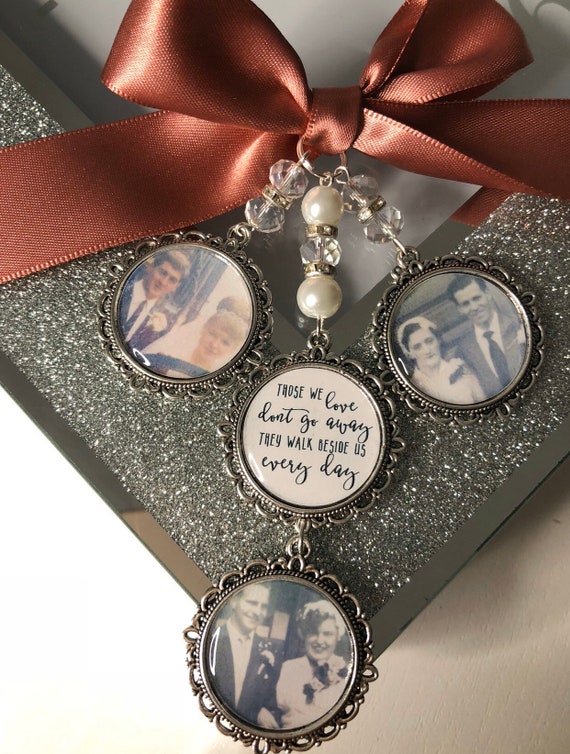 Those we love dont go away they walk beside us every day. loving memory charm locket brooch.Personalised with any photo.bride, wedding.