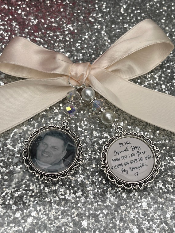 on this special day know that i am here walking you down the aisle,  bouquet memory memorial charm photo & poem with Swarovski crystal beads