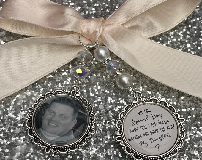 on this special day know that i am here walking you down the aisle,  bouquet memory memorial charm photo & poem with Swarovski crystal beads