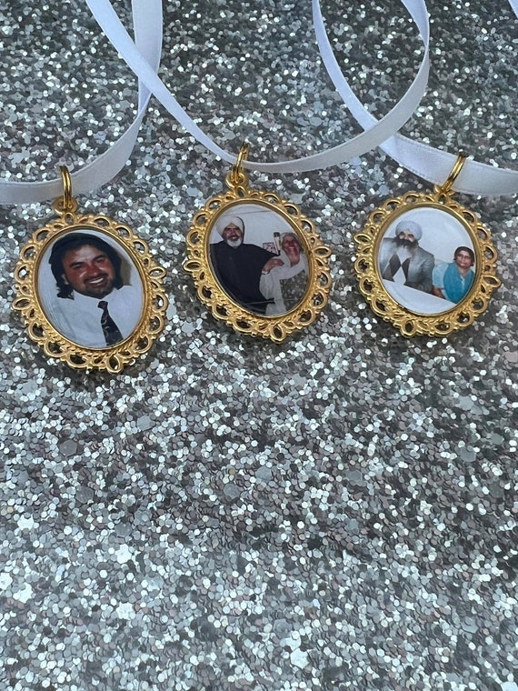 Gold Bridal Memorial Bouquet Photo Oval Charm/Memory/Remembrance/Locket/Brooch/Personalised With Ribbon/Indian Asian wedding/Bride/Loved One