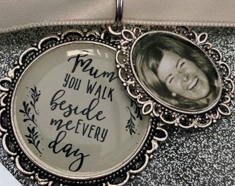 Memory memorial remembrance wedding bouquet charm/heaven/bridal/loved one/mum/mom/dad/you walk beside me every day/plus photo oval charm