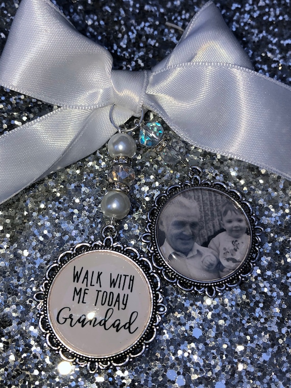 Memory wedding photo charm memorial heaven  bridal bouquet, walk with me today grandad nan poem & photo pearl beads something blue. military