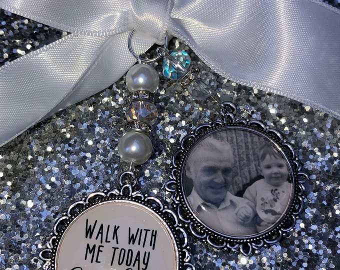 Memory wedding photo charm memorial heaven  bridal bouquet, walk with me today grandad nan poem & photo pearl beads something blue. military