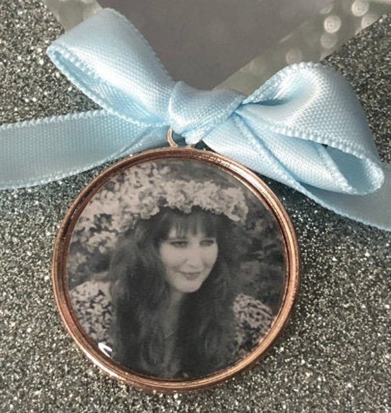 rose gold memory charm for bridal bouquet, remembrance ,locket,brooch personalised,any photo.keepsake with ribbon.Wedding flower Bride Ideas