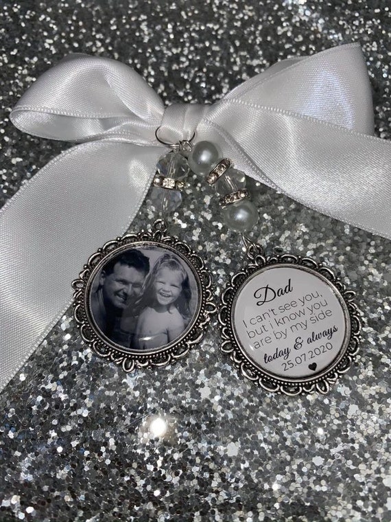 Memory memorial heaven charm bridal bouquet, walk with me today dad mum poem & photo pearl beads something blue. military army.bride.wedding
