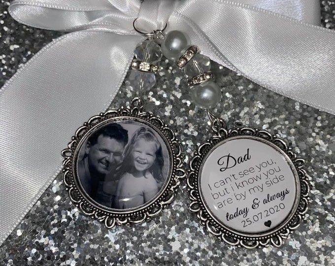 Memory memorial heaven charm bridal bouquet, walk with me today dad mum poem & photo pearl beads something blue. military army.bride.wedding